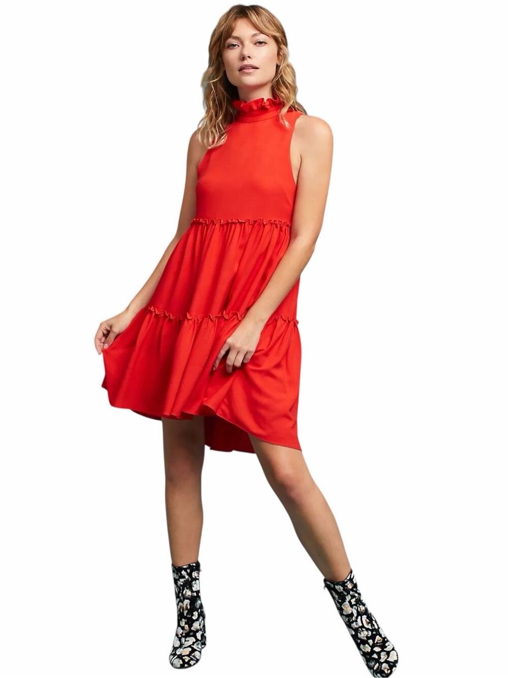 ELLIATT Red Ruffled Turtleneck Sleeveless Tiered Swing Dress Medium